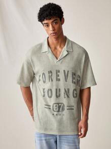 Manfinity VCAY Men's Fashionable Casual English Printed Polo Short Sleeve Loose Shirt For Everyday Wear - Olive Green - View 5