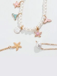 ROMWE Kawaii 3pcs Fashionable And Cute Multi-Colored Starfish Shell Pendant Pearl Necklace Set For Women's Beach Party Wear - Multicolor - View 3