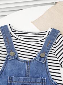 SHEIN Vintaside Kids 嬰兒男童牛仔熊刺繡背帶褲和條紋短袖套裝 - 藍色 - 查看 6