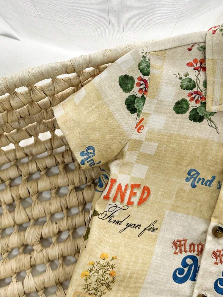 Baby Boy Letter Printed Lapel Short Sleeve Cardigan With Drop Shoulders