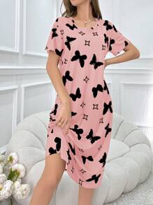 Robe de nuit courte à imprimé papillon à la mode pour femmes, Moo Moo