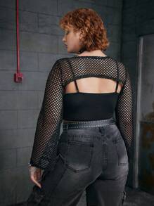 Harley Quinn X SHEIN Parte superior ajustada de malla con estampado de retrato de dibujos animados y graffiti, de estilo avant-garde, sexy y de punk oscuro, para tallas grandes - Negro - Ver 2