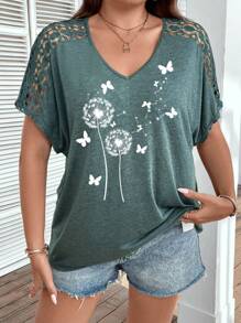 SHEIN LUNE Plus Size Women's Loose Fit V-Neck T-Shirt With Lace Shoulder And Dandelion Butterfly Print, Summer - Green - View 5