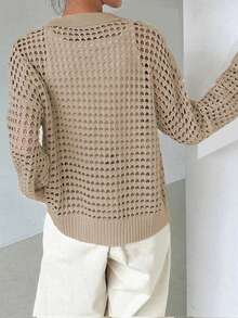 女士镂空针织开衫，有领子和纽扣开合，长袖上衣 - 卡其色 - 查看 2