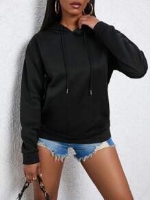 SHEIN EZwear 素色抽繩落肩袖連帽衫 - 黑色 - 查看 4