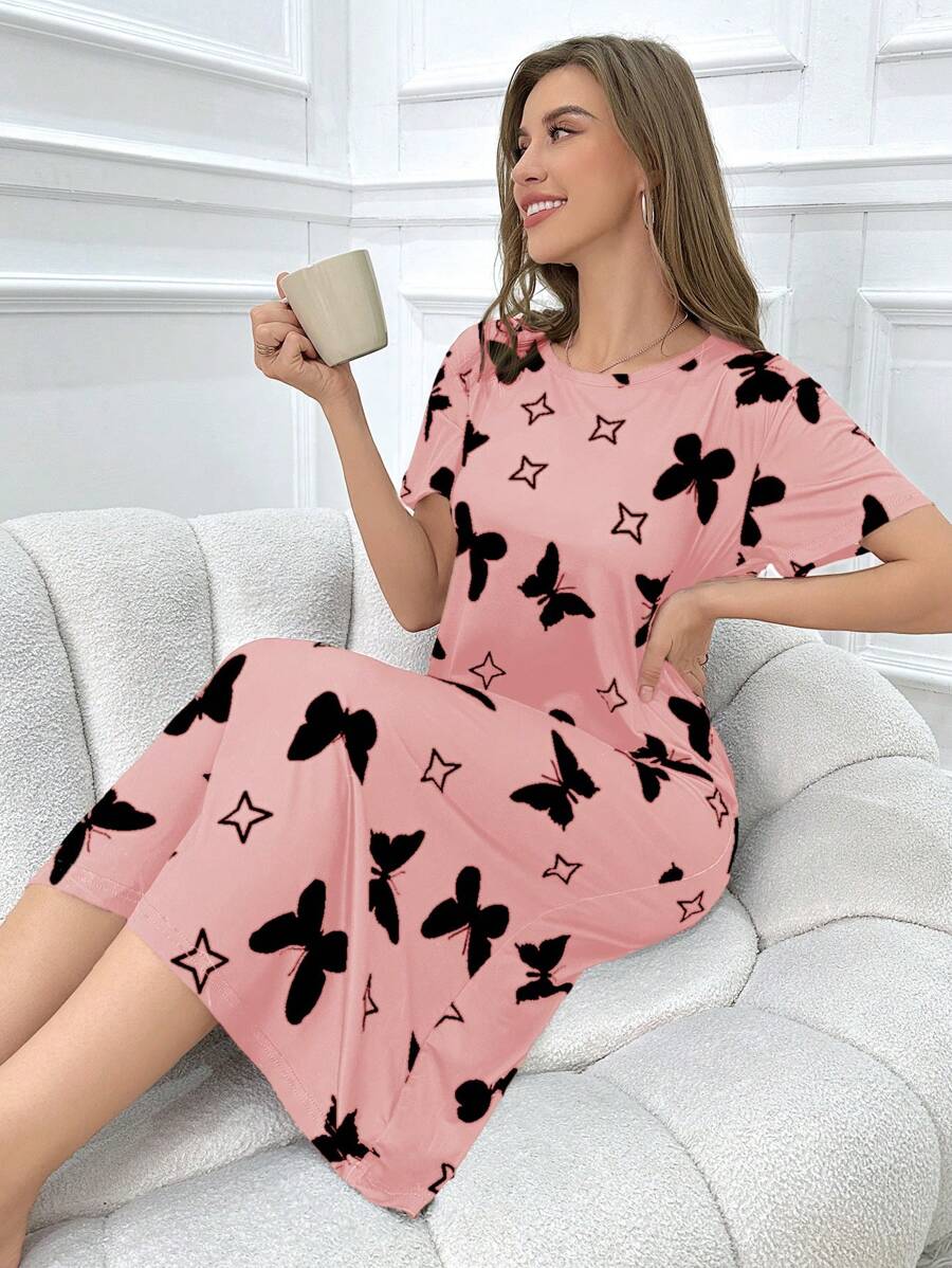 Robe de nuit courte à imprimé papillon à la mode pour femmes, Moo Moo