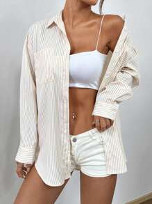 Flirla Áo sơ mi dài tay một hàng khuy in sọc thường ngày - Màu be - Xem 5