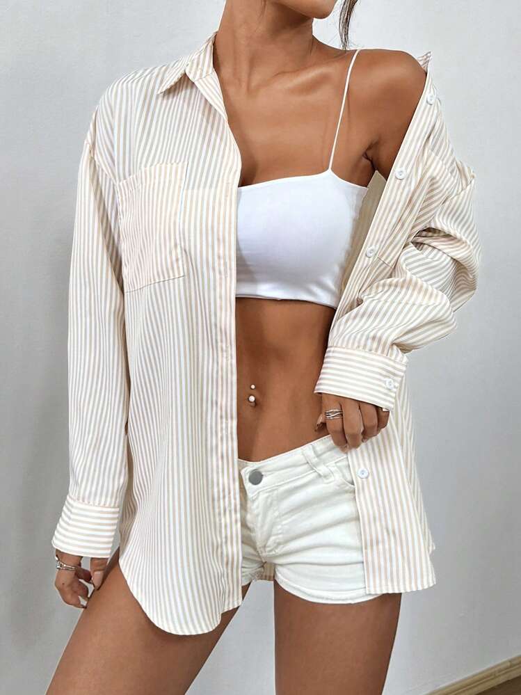 Flirla Áo sơ mi dài tay một hàng khuy in sọc thường ngày - Màu be - Xem 5