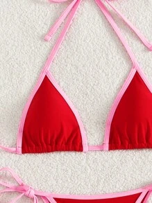 Swim Mod Conjunto de bikini 2023 para mujer con bloqueo de color, cuello halter y lazo, sexy para verano - Rojo - Ver 3