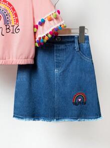 Young Girl Lace Round Neckline Floral Print Applique Bell Sleeve Top & Denim Skirt Set - Pink - View 6