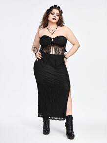 ROMWE Goth Sexy Mature Lady Strapless See-Through Slit Pencil Skirt Set With Plus Size Option - Black - View 5