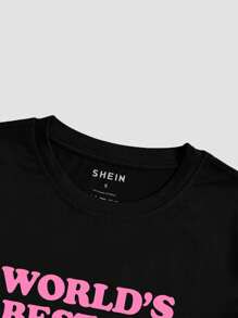 INAWLY 女士夏季口号印花圆领短袖短款上衣 世界最佳前女友图案 T 恤 女士上衣 - 黑色 - 查看 3