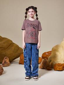 THE FLINTSTONES | SHEIN Camiseta casual de manga corta y talla amplia con personaje de dibujos animados y estampado de letras para niña preadolescente, verano