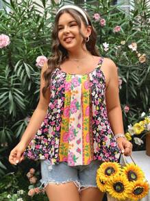 Dreamara Casual Vacation Multi-Color  Pattern Pleated Loose And Comfortable Plus Size Cami Top - Multicolor - View 5