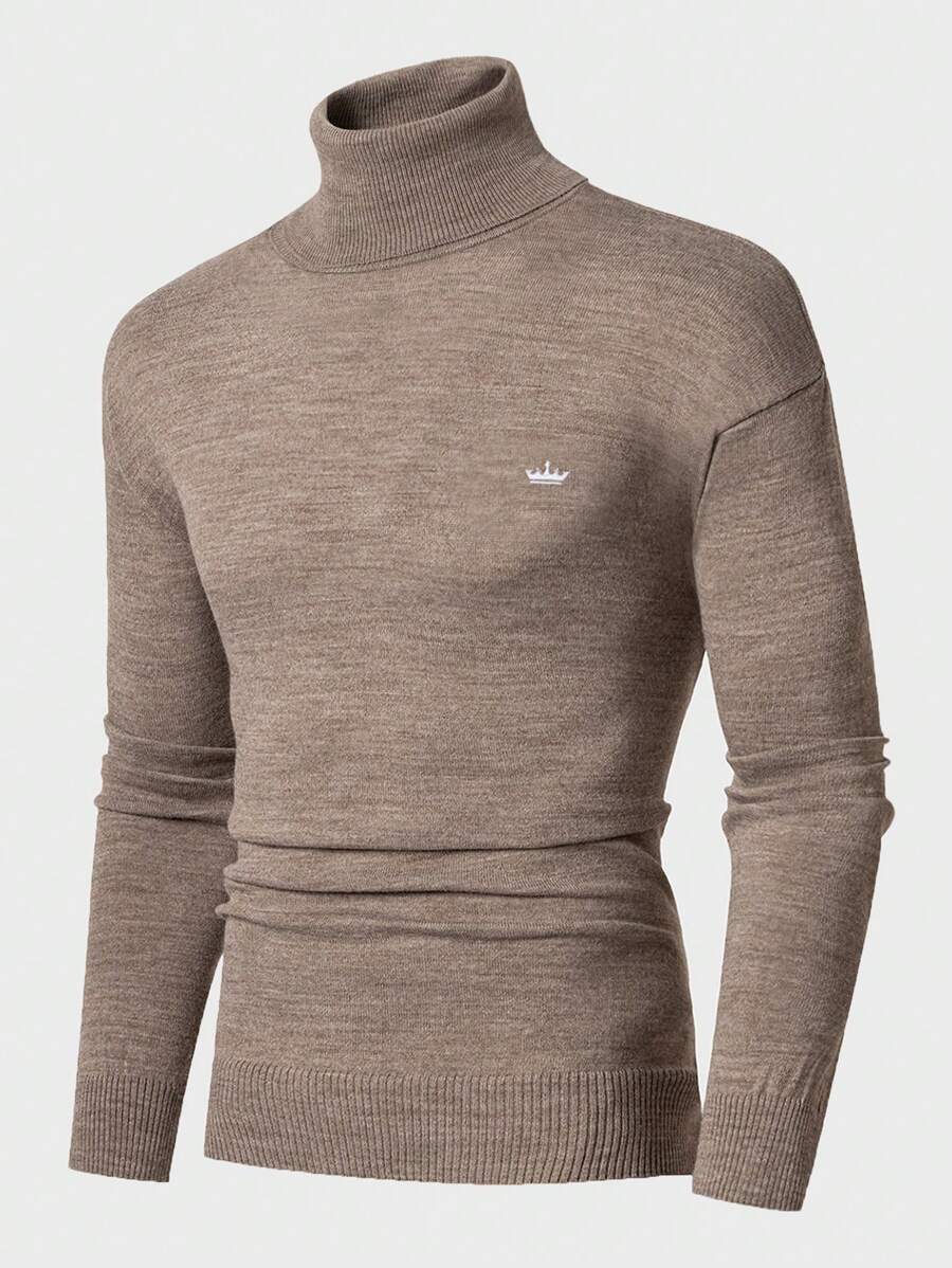 RueChic Jersey de cuello alto ajustado casual para hombre con bordado en el pecho - Camel - Ver 1