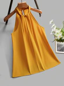 SHEIN Clasi Blusa plisada elegante con cuello en V y abertura con botones para mujer - Amarillo - Ver 5