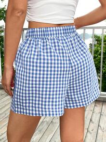 Muchica Shorts Xadrez Azul e Branco de Cintura Elástica - Azul - Visão 2