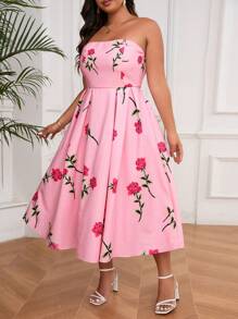 SHEIN Privé Plus Size Summer Elegant A-Line Rose Printed Sundress With Pockets, Suitable For Dating, Vacation, Afternoon Tea And Outdoor Activities, Pink