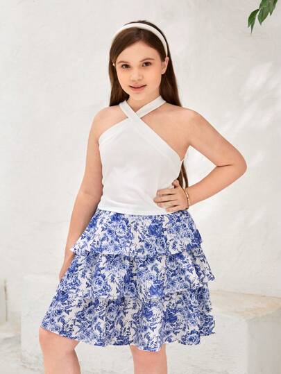 SHEIN Tween Mädchen Große Größen Set aus Halter Top und bedrucktem Tüllrock mit Volants
