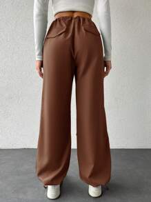 EURMUSE Drawstring Waist Slant Pocket Parachute Pants - Brown - View 2