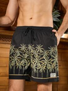 Manfinity Men's Summer Palm Tree Printed Drawstring Waist Beach Shorts
