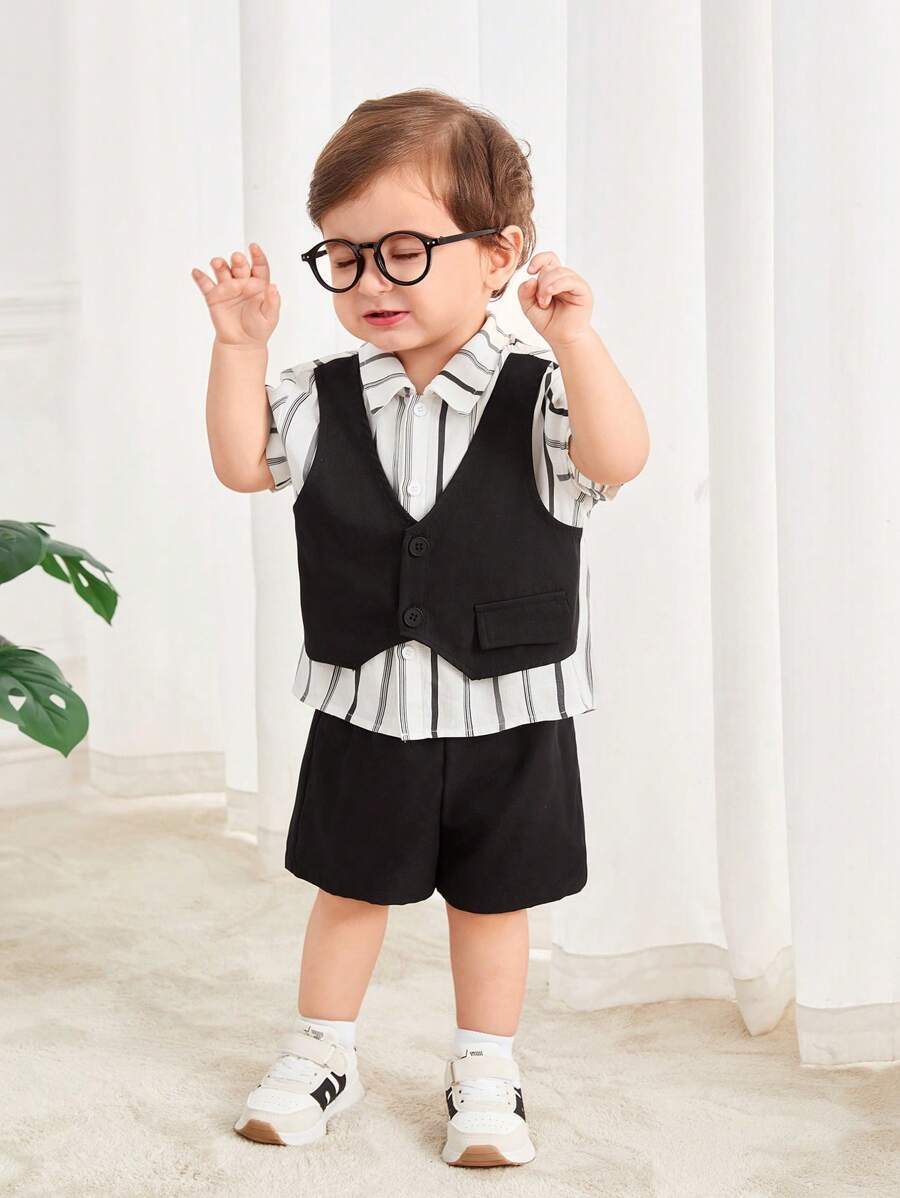 SHEIN Áo vest thường ngày cho bé trai/bé gái, áo sơ mi ngắn tay màu trơn/sọc & quần short lưng thun, lý tưởng cho các bữa tiệc sinh nhật, lễ rửa tội, lễ kỷ niệm sinh nhật đầu tiên, tiệc tùng, biểu diễn, đám cưới, v.v. - Nhiều màu - Xem 1