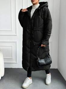 EURMUSE Drawstring Waist Zipper Front Hooded Puffer Coat - Black - View 4