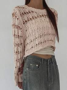 DAZY Damen Einfarbig Einfacher Alltags Langarm Durchbrochener Kurz Pullover Transparent Herbst Schule - Aprikosenfarben - Übersicht 5