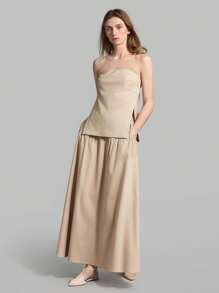 Ontre 2pcs Women Casual Solid Color Tube Top Crop Top And Split Hem Skirt Set, Summer - White - View 1