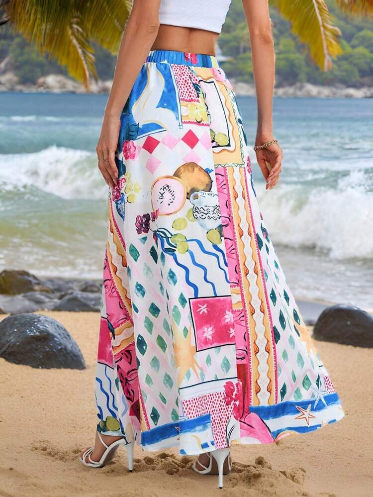 Women's Holiday Floral & Geometric Printed Side Slit Skirt With High-Low Hem Fall Cloth For Women