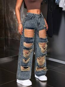 SHEIN ICON Women's Casual Wide Leg Loose Fit Jeans With Distressed Pockets