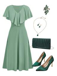 Ellevyn グリーンの女性用ミドル丈ドレス、ラッフルヘムライン付き