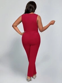 SHEIN Lady Macacão Vermelho Elegante e Delicado com Babado e Alças Largas para Mulheres Plus Size - Vermelho - Visão 2