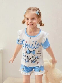 Ensemble décontracté 3 pièces pour jeune fille imprimé lapin bleu et blanc avec pantalon long, short et haut de détente