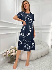 Vestido de dormir de manga corta y largo medio con estampado de flores blancas para mujer, Moo Moo
