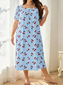 Vestido de pijama de verano informal con estampado de cerezas, manga abullonada y encaje floral de talla grande