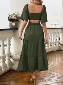 Rafferiza Ladies' Plain And Simple Short Sleeve Summer Casual Dress Maxi Women Outfit - Army Green - View 2