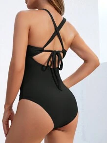 Voyashape Women's Solid Color Pleated One-Piece Swimsuit, Simple Style For Beach Vacation Summer - Black - View 2