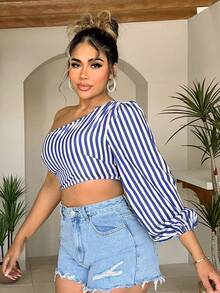 SHEIN SXY Top rayé bleu à une épaule et à manches longues pour femmes pour la plage d'été, convient pour un port quotidien décontracté - Bleu et Blanc - Voir 4