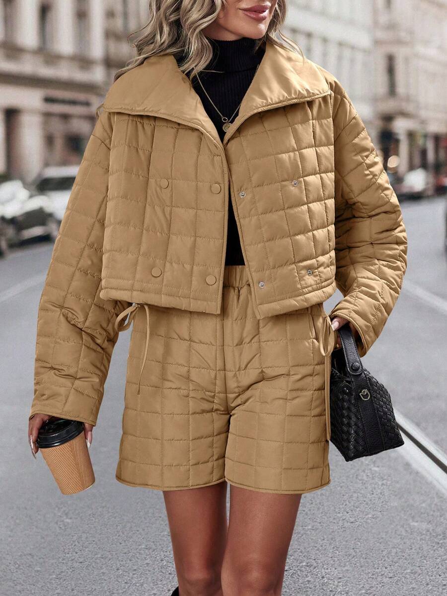Chiquease Women's Stitched Double-Breasted Lapel Casual Long Sleeve Padded Coat And Shorts Set - Camel - View 1