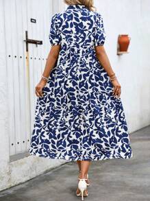 SHEIN LUNE 女士长款度假风格连衣裙，带缺口领口和印花图案，超长女士服装 - 藍色 - 查看 2