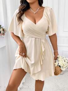 Celure Plus Size Women's Simple Solid Color Daily Wear Dress - Apricot - View 5
