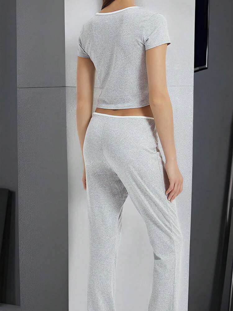 Women's Contrast Edge Short Sleeve Top & Pants Two-Piece Set, Summer