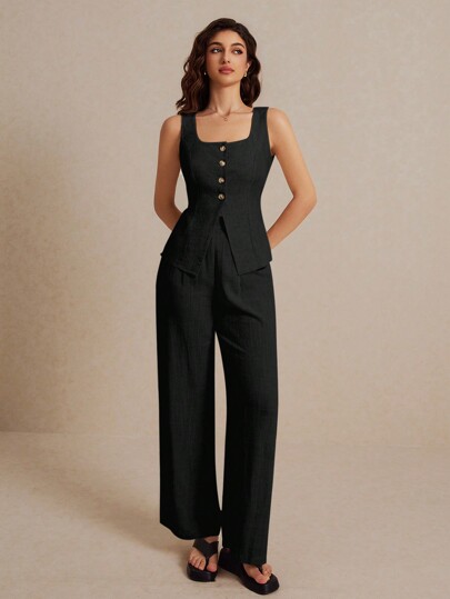 Poéselle Conjunto de dos piezas de chaleco y pantalones de lino para mujer para el verano - chaleco de contraste con botones lisos y top sin mangas de color + pantalones, tela cómoda de alta transpirabilidad y suavidad, adecuada para usar todos los días, para trabajar o de vacaciones