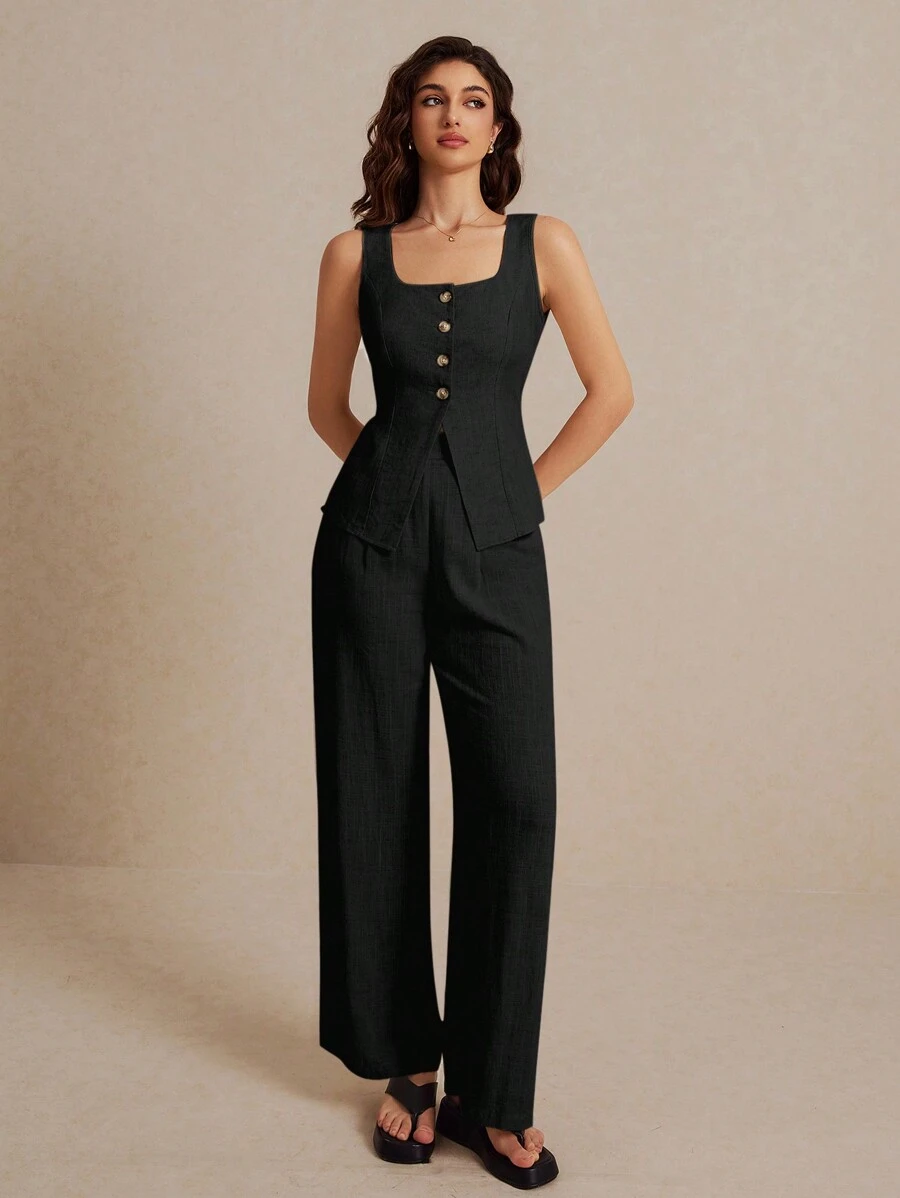 Poéselle 夏季亞麻西裝馬甲兩件套女士時尚純色扣子對比色無袖上裝和褲子套裝，穿起來舒適透氣，適合通勤日常假期穿著的柔軟服裝面料 - 黑色 - 查看 1