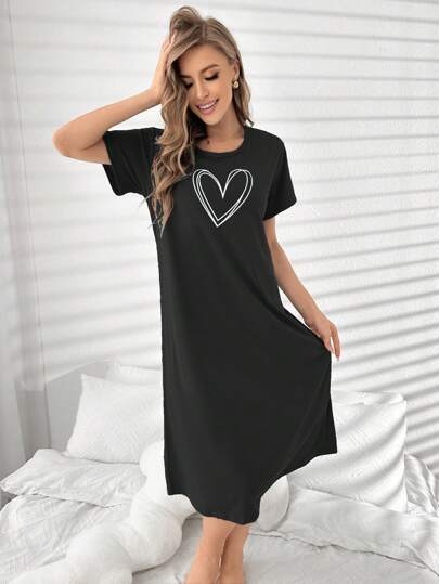 Minimalist Heart Printed Sleep Pajama Dress, Moo view 5