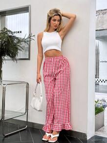 SHEIN Essnce Mùa hè dành cho nữ Quần kẻ sọc nhỏ có viền ruffle tươi mát với họa tiết kẻ sọc màu đỏ và trắng - Đỏ và trắng - Xem 8