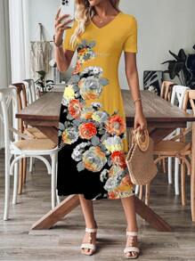 EMERY ROSE Casualowa, prosta, długa sukienka z dekoltem w kształcie litery V, z krótkim rękawem, odpowiednia na lato