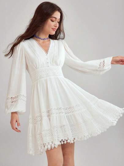 Enchnt White Boho Elegant Romantic Vacation Solid Color Daily V-Neck Long-Sleeved Exquisite Lace Splicing A-Line Hem Dress
