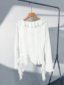 SHEIN Privé 女式不对称前开襟衬衫，带荷叶边和超长袖